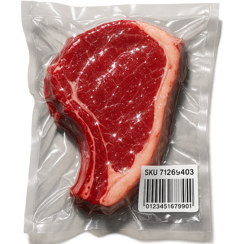 steak with sparkling highlights, glossy and inflated, vacuum-sealed style emoji