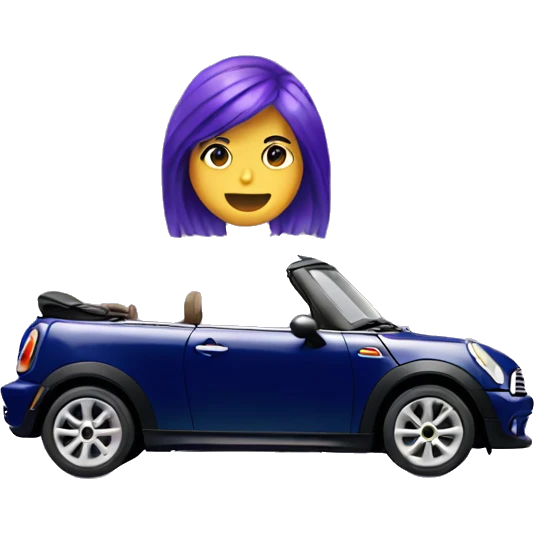 navy blue convertible Mini Cooper, with purple haired woman driving emoji