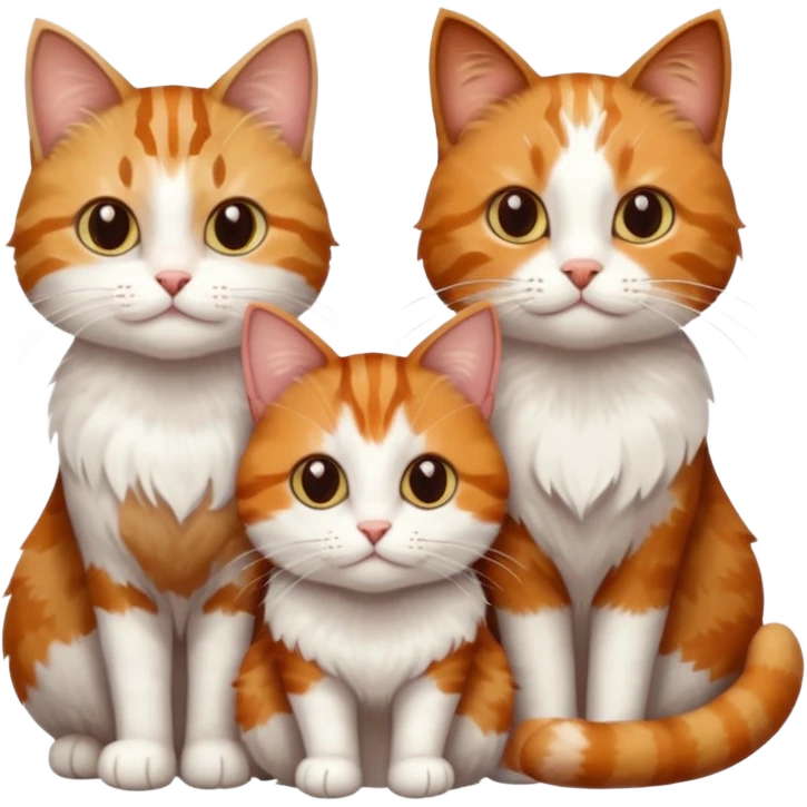 3 sibling cats all different natural colours; 1 is ginger and white, the next is brown tabby and white and the third is a calico emoji