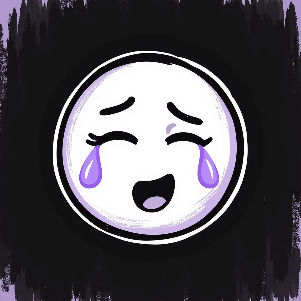 crying smiley face emoji, hand-drawn chalk style, soft lilac color palette, rough doodle-like texture, looks like pastel chalk on a dark surface, aesthetic and emotional, suitable for Telegram channel emoji