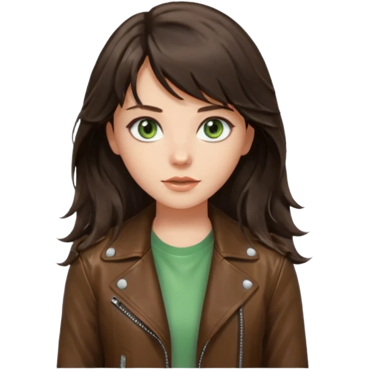 Beautiful girl, dark brown hair, wavy hair, long hair, light green eyes, brown leather jacket, white t-shirt, hair parted in the middle, bangs curtain, forehead open  emoji