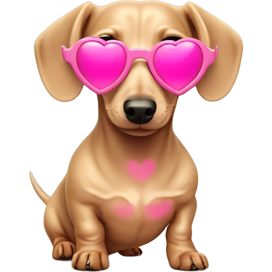 Light beige mini dachshund with pink sunglasses in the shape of a heart emoji
