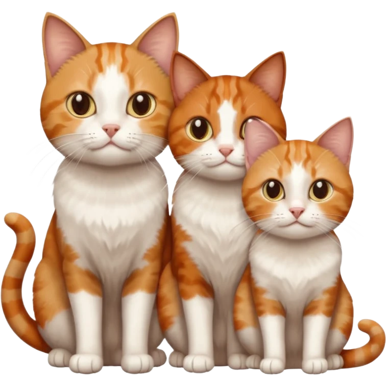 3 sibling cats all different natural colours; 1 is ginger and white, the next is brown tabby and white and the third is a calico emoji