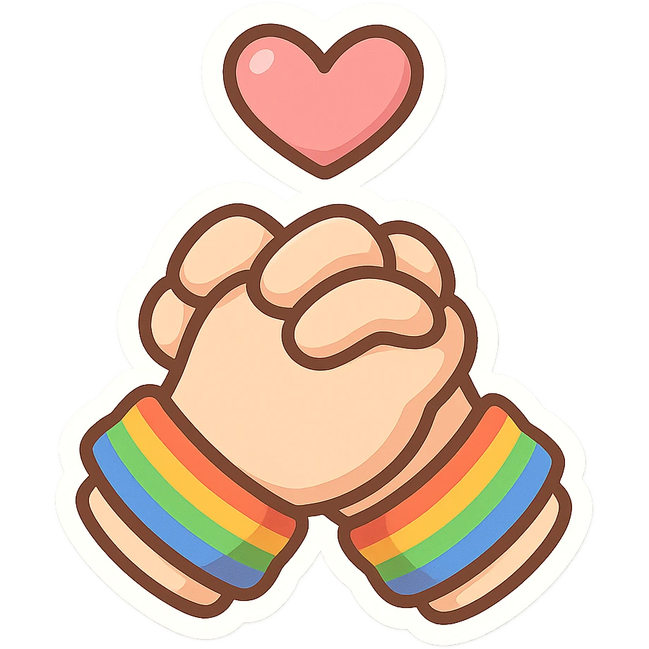 chibi sticker-style pair of clasped hands with a heart and rainbow bracelets, cute and exaggerated emoji