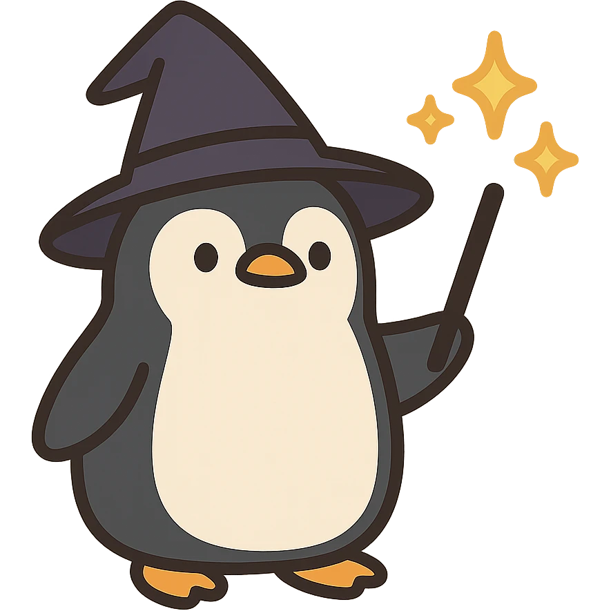 flat toon style penguin wizard with pointed hat and sparkles emoji