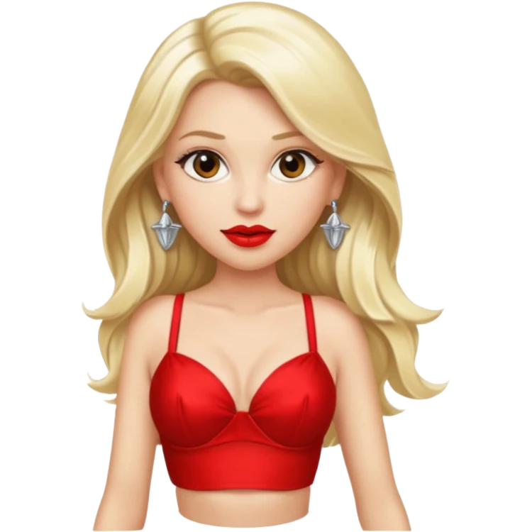 Blond female.long hair. Big tits. Red lips. Red bra. No top. Silver earrings. Mini skirt. High heels. Sexy pose emoji