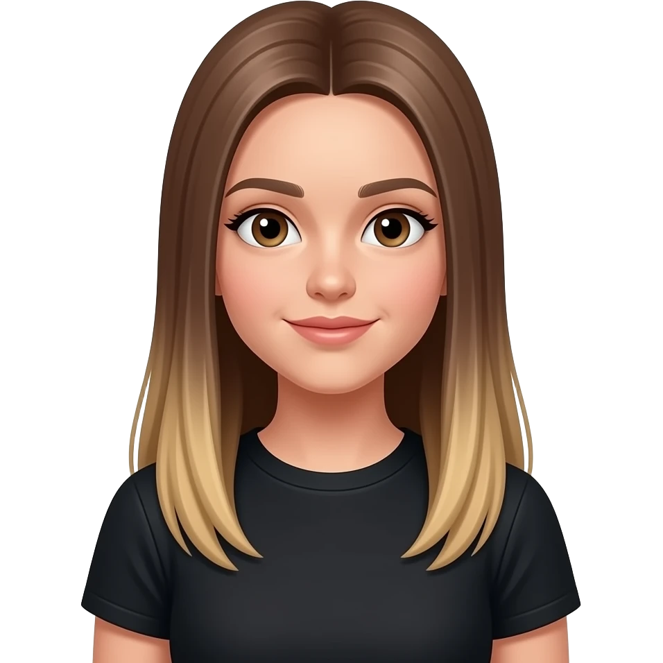 JN - teenage girl, suntan, straight very long medium brown hair blonde at the tips, black crew neck t-shirt emoji