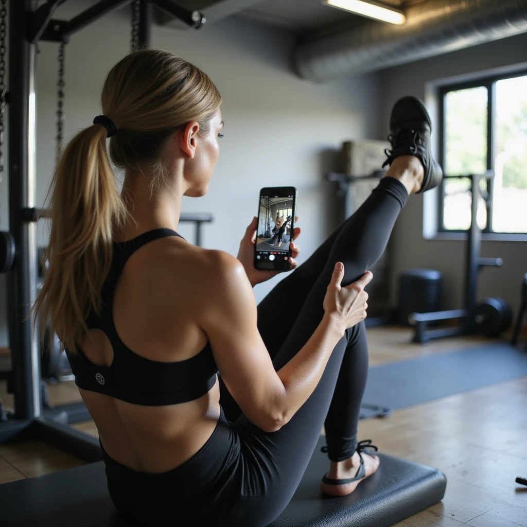 woman in leggings and sports bra in gym, doing calf raise on step, recording video check with smartphone for coach, gym with mat and weights, natural light, hyperrealistic details, 4K emoji