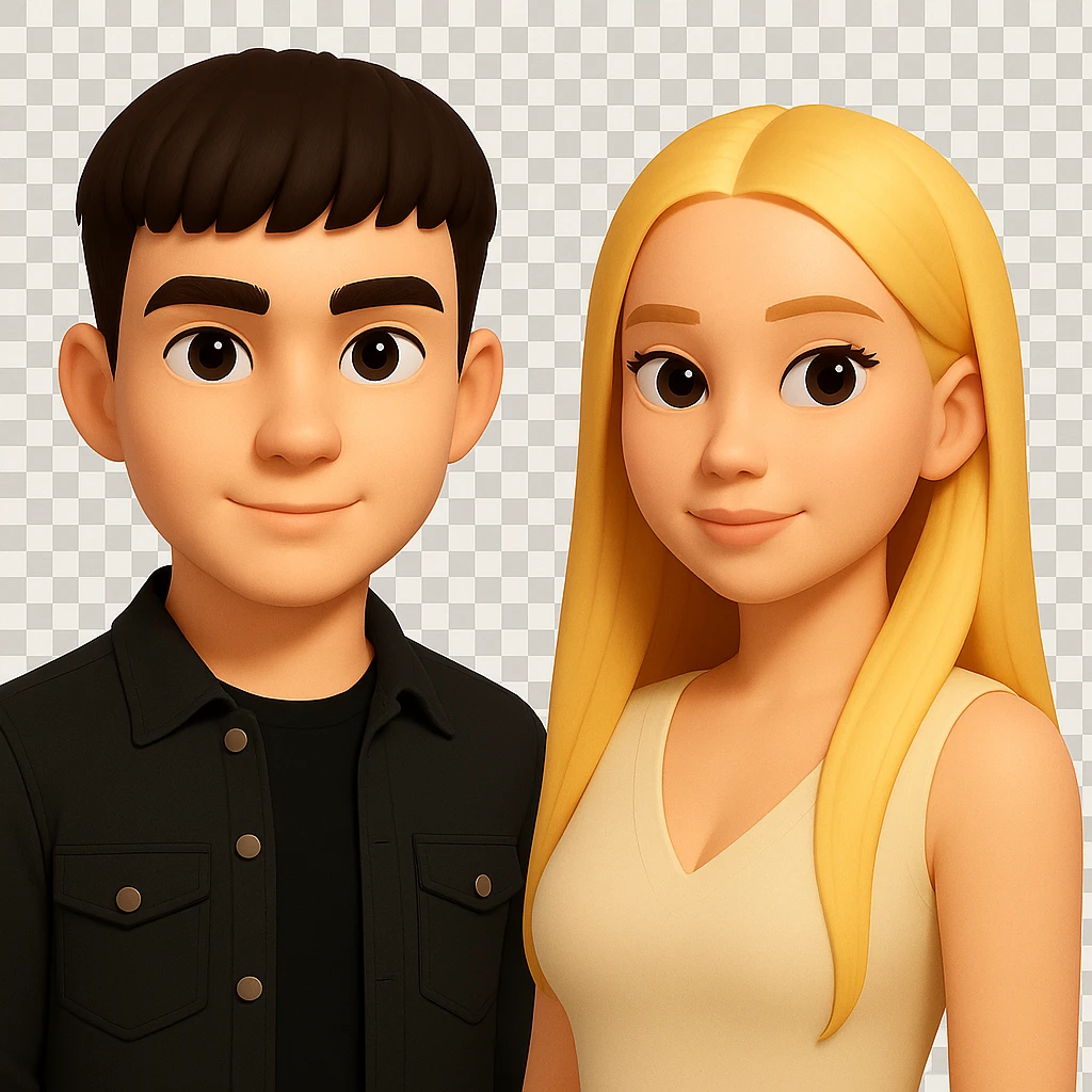 Slightly increase the volume of the upper body of the girl, separate the girl and the boy from each other, make the skin color the same for both characters. Maintain the cartoonish 3D style as in the reference image. Keep the background transparent. emoji