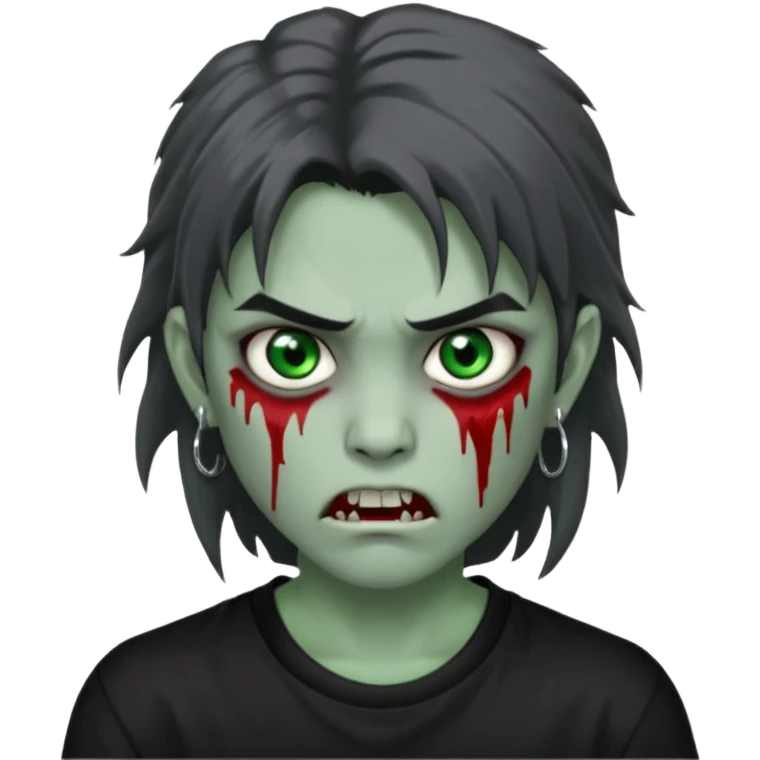 3D emoji-style avatar with grey zombie skin, dark brown hair, a young Asian face, and large green eyes with blood tears. Give it white litle bit messy mullet hair style , silver hoop earrings, and a plain black T-shirt. The face expression should be slightly angry, with vampire fang emoji