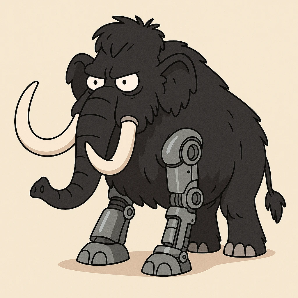bionic mammoth with black fur and white tusks, cartoon style emoji