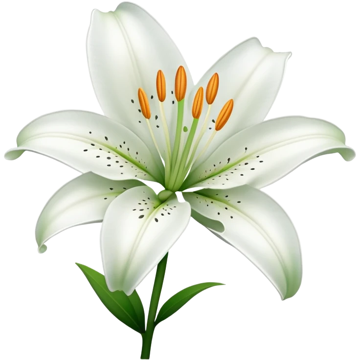 Botanically accurate white lily flower with exactly six petals, six stamens, and green stem emoji