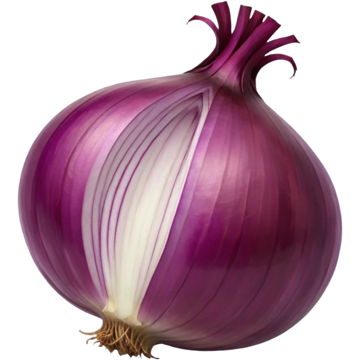 whole red onion, unpeeled, round and slightly flattened, shiny papery skin, purplish-red with striations, dried stem on top, dry root strands at base, clean, dry, slightly reflective, minimal, soft shadows, emoji scale emoji