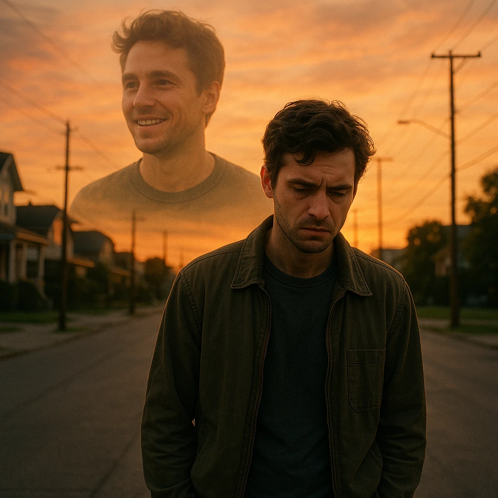 A man walking alone on a quiet street at sunset, introspective expression, with a faint double exposure of a happier version of himself in the background, symbolizing a 'what if' after a life-changing diagnosis. Cinematic, emotional realism, symbolic duality, soft light, hyperrealistic 4K. emoji