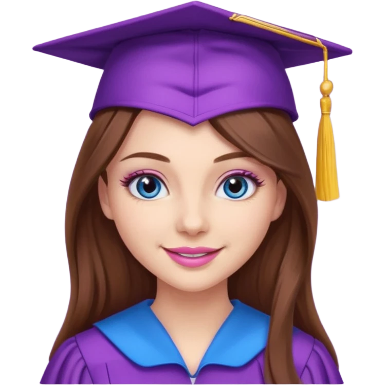 girl with gorgeous long brown hair, blue eyes, long lashes makeup, sexy pink lips, wearing a purple graduation cap and gown emoji