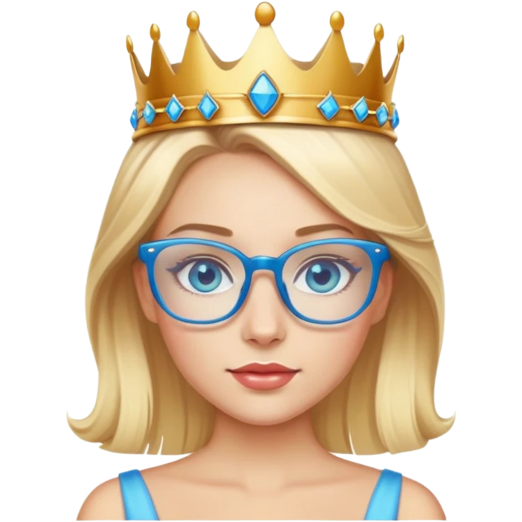 beautiful princess with blonde hair, bright blue eyes, wearing stylish glasses and a crown emoji