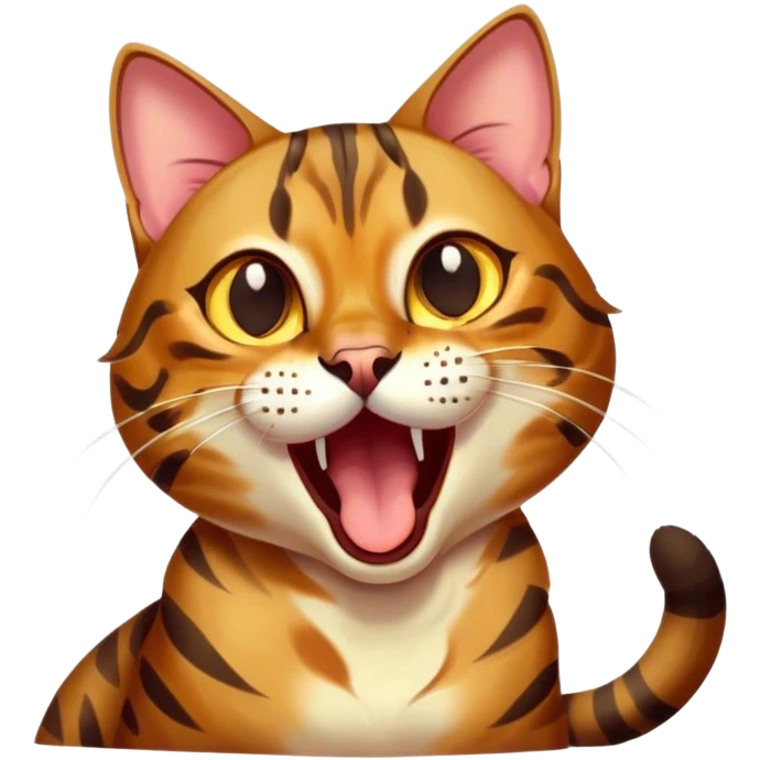 Cinematic Comical Bengal Cat Portrait Emoji, Head tilted dramatically while yawning exaggeratedly, sleek spotted brown and gold fur, Simplified yet hilariously adorable features, highly detailed, glowing with an almost sarcastic glow, high shine, a mix of lazy and curious, stylized with a touch of playful whimsy, bright and alert but with a comical expression, soft glowing outline, capturing the essence of a mischievous yet overly dramatic kitten, so meme-worthy it feels like it could leap off the screen and sarcastically demand attention, perfect for the internet's next viral meme! emoji