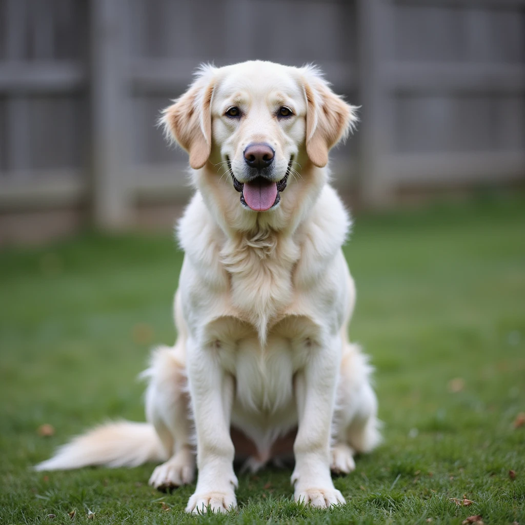 adult english cream golden retriever sitting on grass, facing camera, fence in the background emoji