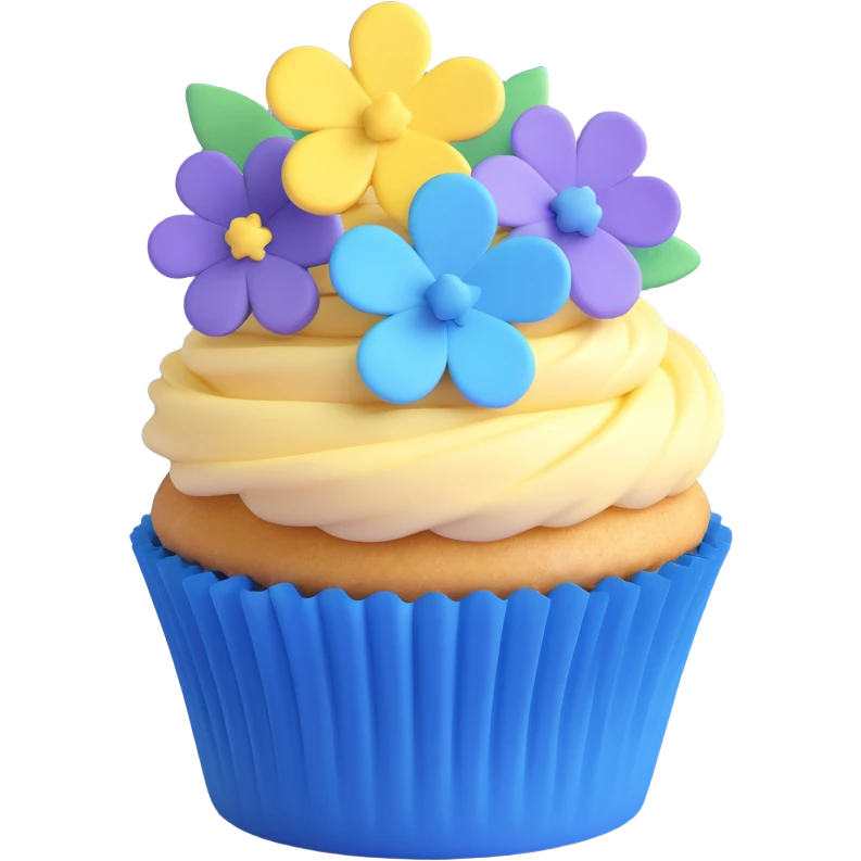 Turn this cupcake with blue flowers into an iOS 3D emoji style, with realistic 3D shading and smooth, rounded shapes, keeping the blue and purple color palette. emoji