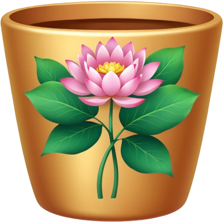 Gold-colored ceramic flower pot; it is shallow and cylindrical, and contains a lotus flower plant.
 emoji