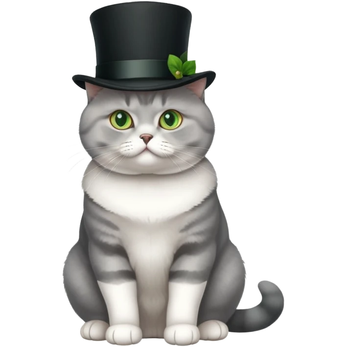 British Shorthair cat full body sitting with a top hat and green eyes emoji