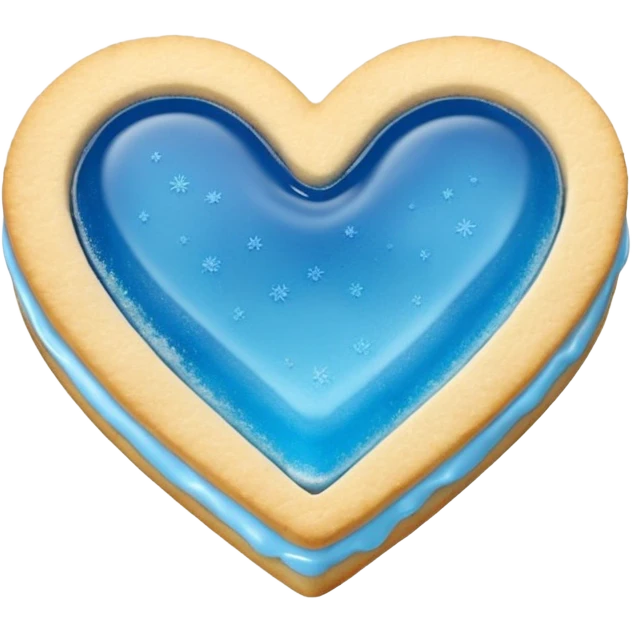 Realistic shortbread cookie in the shape of a heart with Carolina Blue color jelly middle filling and sprinkled powder sugar on top. emoji