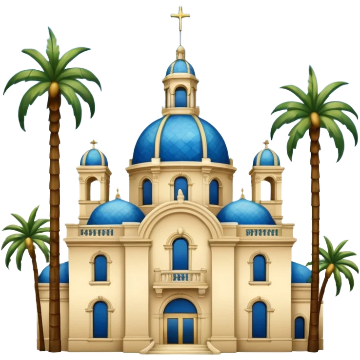 California Building with ornate blue, gold, and green tile dome and adjoining slender California Tower, Spanish Colonial Revival style, baroque details, palm trees, simple, no text, white background, version 5 emoji