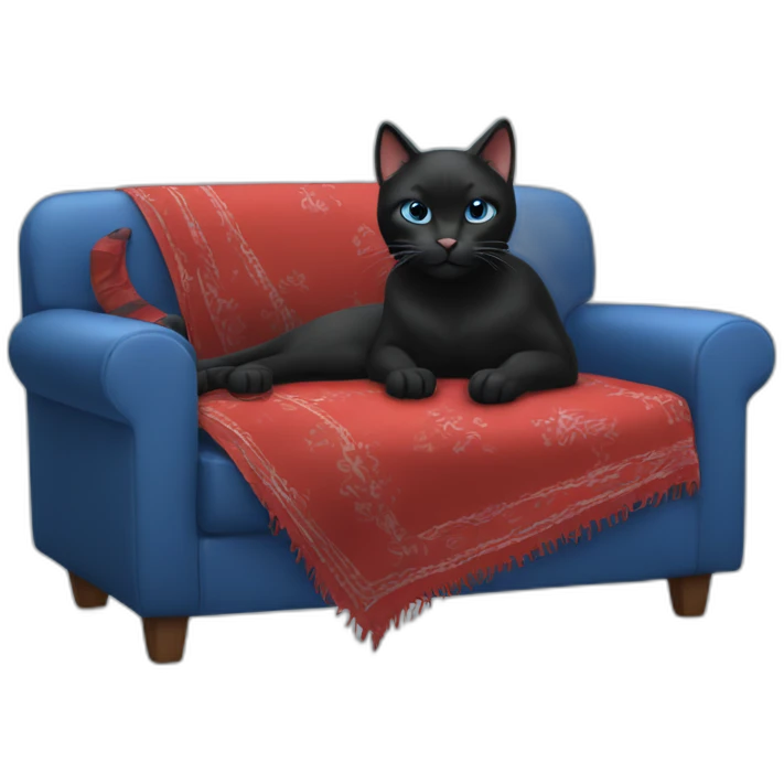 A black cat with a red bandana clawing at a blue sofa emoji