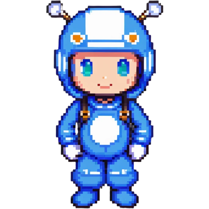 Classic bomberman character, blue and white colors, round helmet with antenna, cute pixel art style emoji