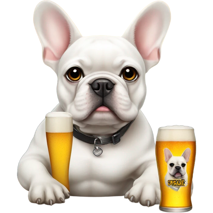 White French bulldog with black eye holding a beer emoji