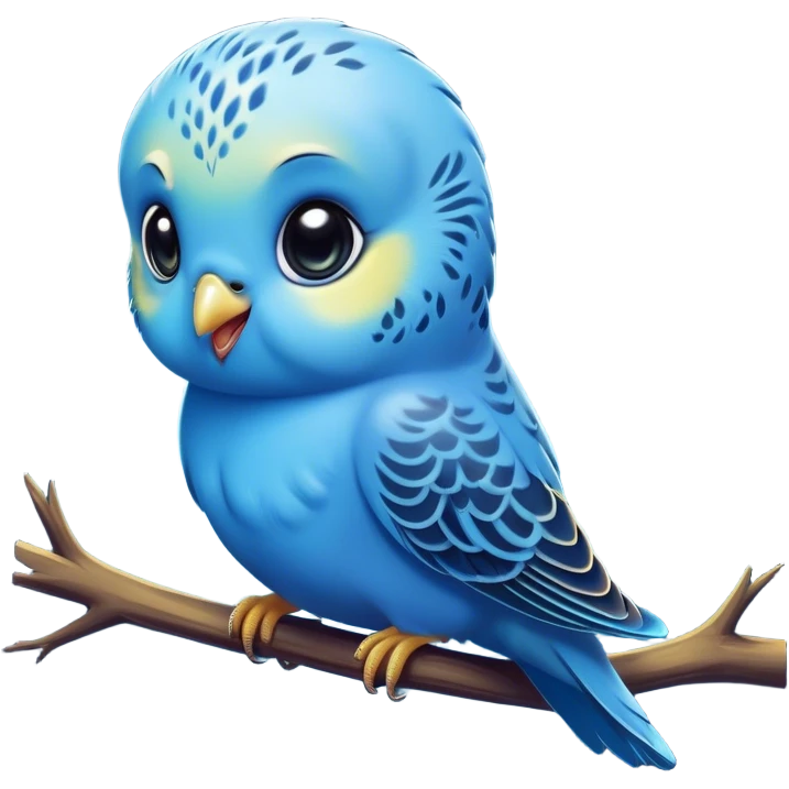 Cinematic Comical Blue Budgie Portrait Emoji, Head tilted dramatically with an exaggeratedly amused expression, featuring a striking blue feathered fur with a glossy finish, wide, expressive dark eyes filled with playful disbelief, Simplified yet hilariously expressive features, highly detailed, glowing with a slightly sassy glow, high shine, dramatic yet playful, stylized with an air of cheeky mischief, bright and endearing, soft glowing outline, capturing the essence of a spirited and over-the-top budgie, so meme-worthy it feels like it could side-eye its way into internet fame instantly! emoji