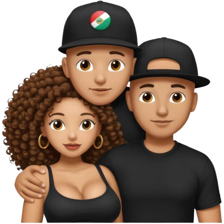 A picture of a tanned couple embracing. the guy is Mexican, with a bald hair cut and he has a SnapBack hat on. The girl is mixed, the girl is wearing a black shirt, the girl has brown curly big hair and the girl has big boobs  emoji