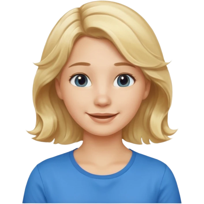 Happy blond girl with light weavy hair with a blue shirt but we can see only her face and neck and the top of the t shirt, no whole body emoji