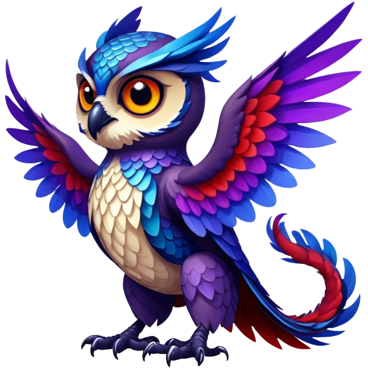 Owl dragon hybrid with wings dark purple and blue and red emoji