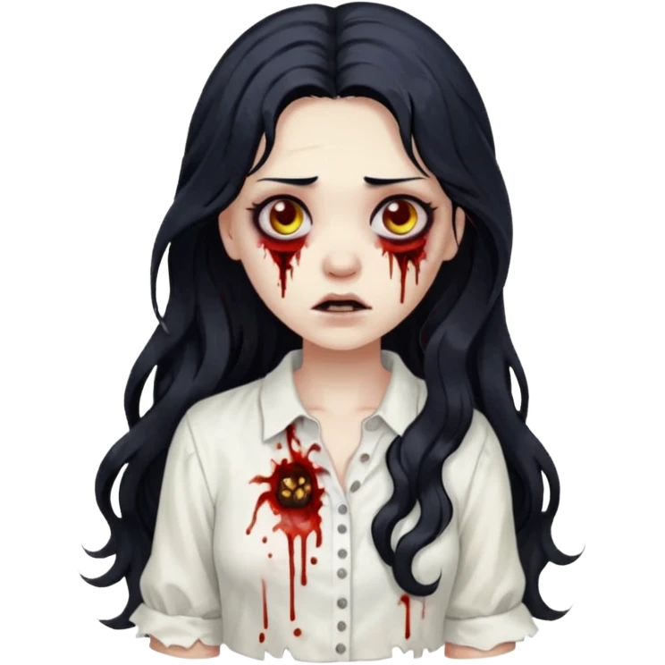 garota zumbi com cabelo preto ondulado longo blusa branca emoji