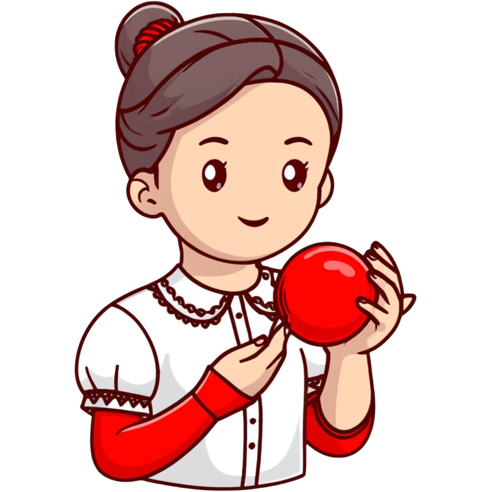 Ukrainian young girl in a white embroidered shirt holds a red ball of thread in her hand emoji