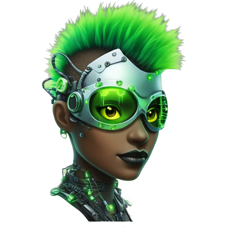 Neon green Mohawk hair female cyborg head with silver steampunk goggles and circuits emoji