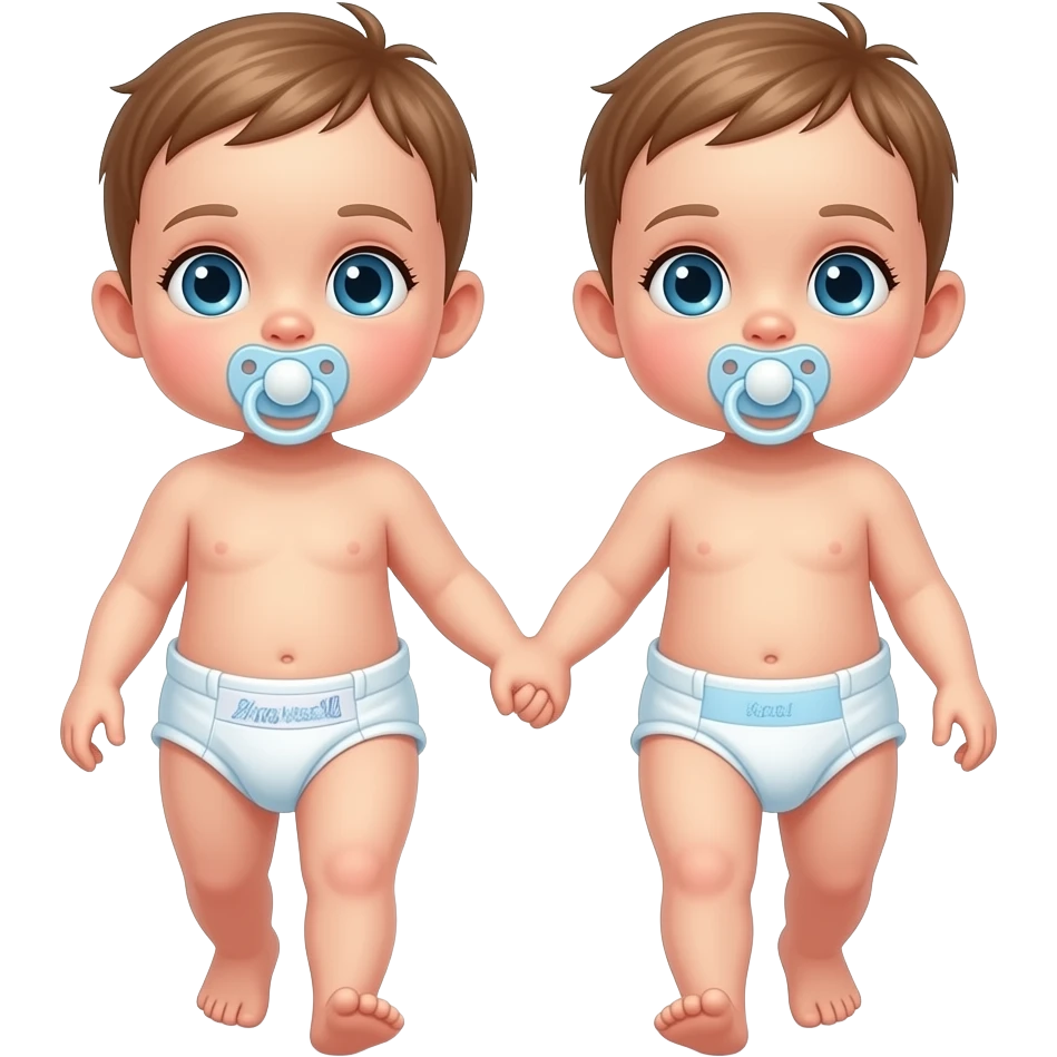 Twin blue-eyed baby girls walking and holding handsand wearing a cloth diaper sucking on pacifier emoji