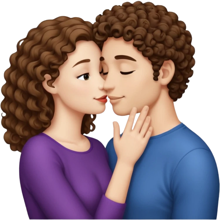 A couple kissing, the man would be white-skinned, short-curly, brown-haired. The serious woman with white skin, long hair and brown color emoji