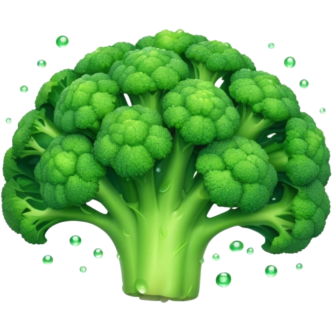 Cinematic lush green broccoli, detailed florets glistening with dewdrops, ultra-fresh and vibrant, soft glowing background, healthy and delicious. emoji
