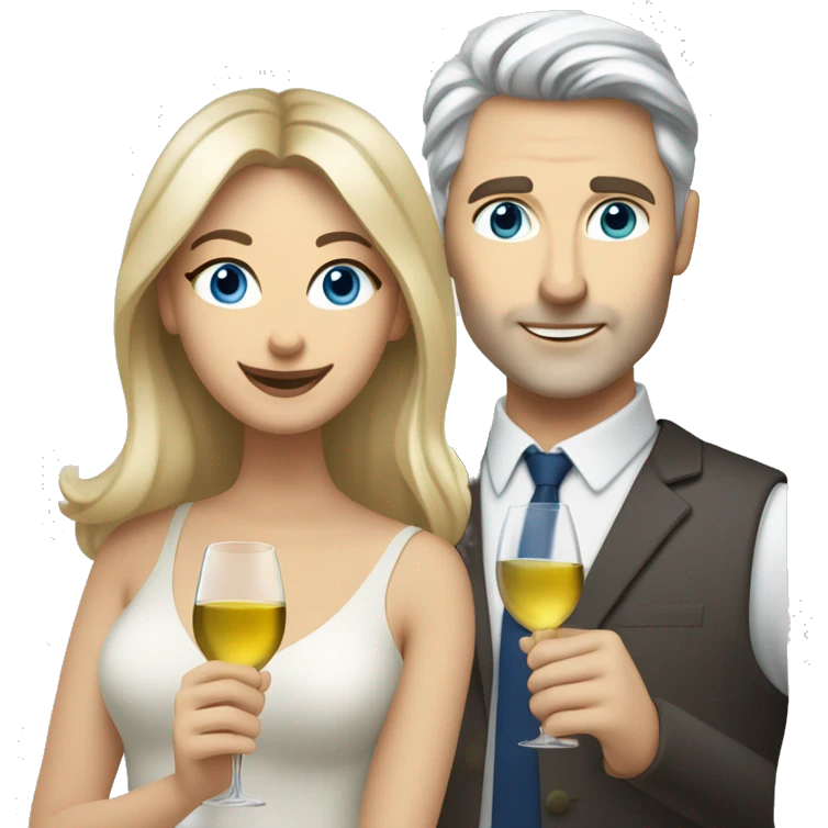 caucasian woman with brown eyes and blond medium long hair and a caucasian man with blue eyes and grey hair, toasting with a glass of white wine emoji
