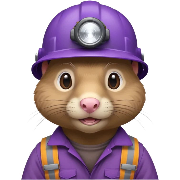 a mole rat, headlamp, BROWN worker cloth, purple helmet,  emoji