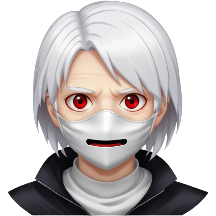 Tokyo ghoul aggressive facial expression, mask covering mouth, white hair, red eyes emoji