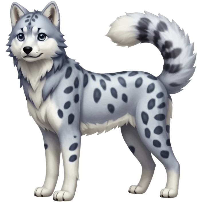 Realistic lanky natural feral beautiful pretty "Schnolf"-"TaniDaReal"-Husky-Snow-leopard-wolf-hybrid-fusion-animal-creature, full body, with whiskers, thick long fluffy puffy limp feline tail emoji
