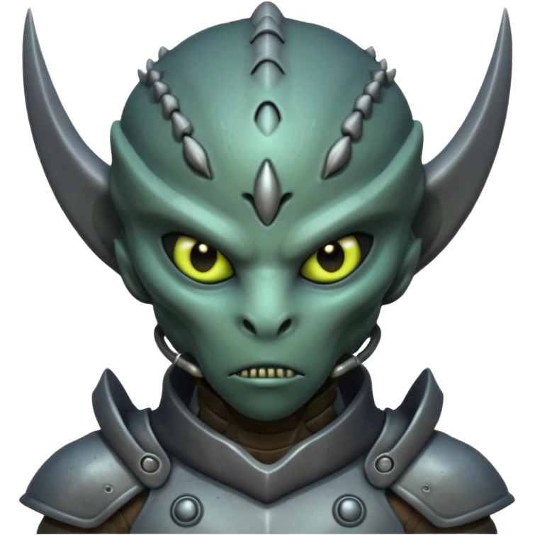Portrait of a warrior alien with armored skin, glowing scars, sharp features, piercing eyes, and intense expression, front-facing emoji