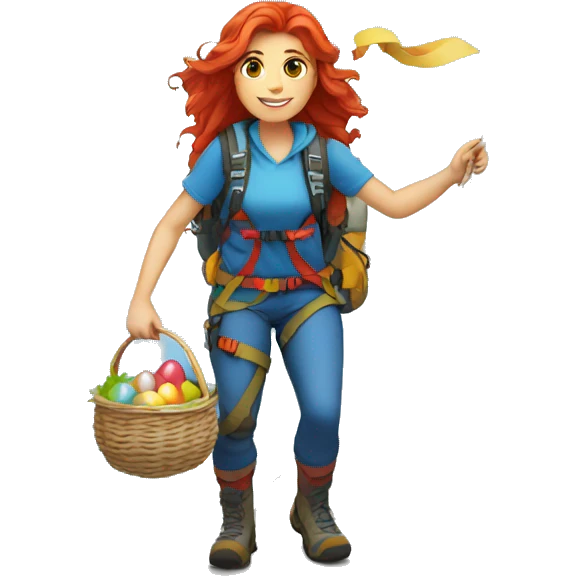 Female mountain climber long red hair climbing with Greek flag on backpack and holding Easter eggs basket emoji