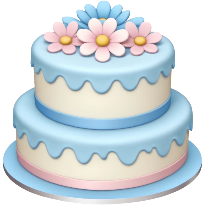 White 3 layer cake with light pink and pastel blue colored flower decorations  emoji