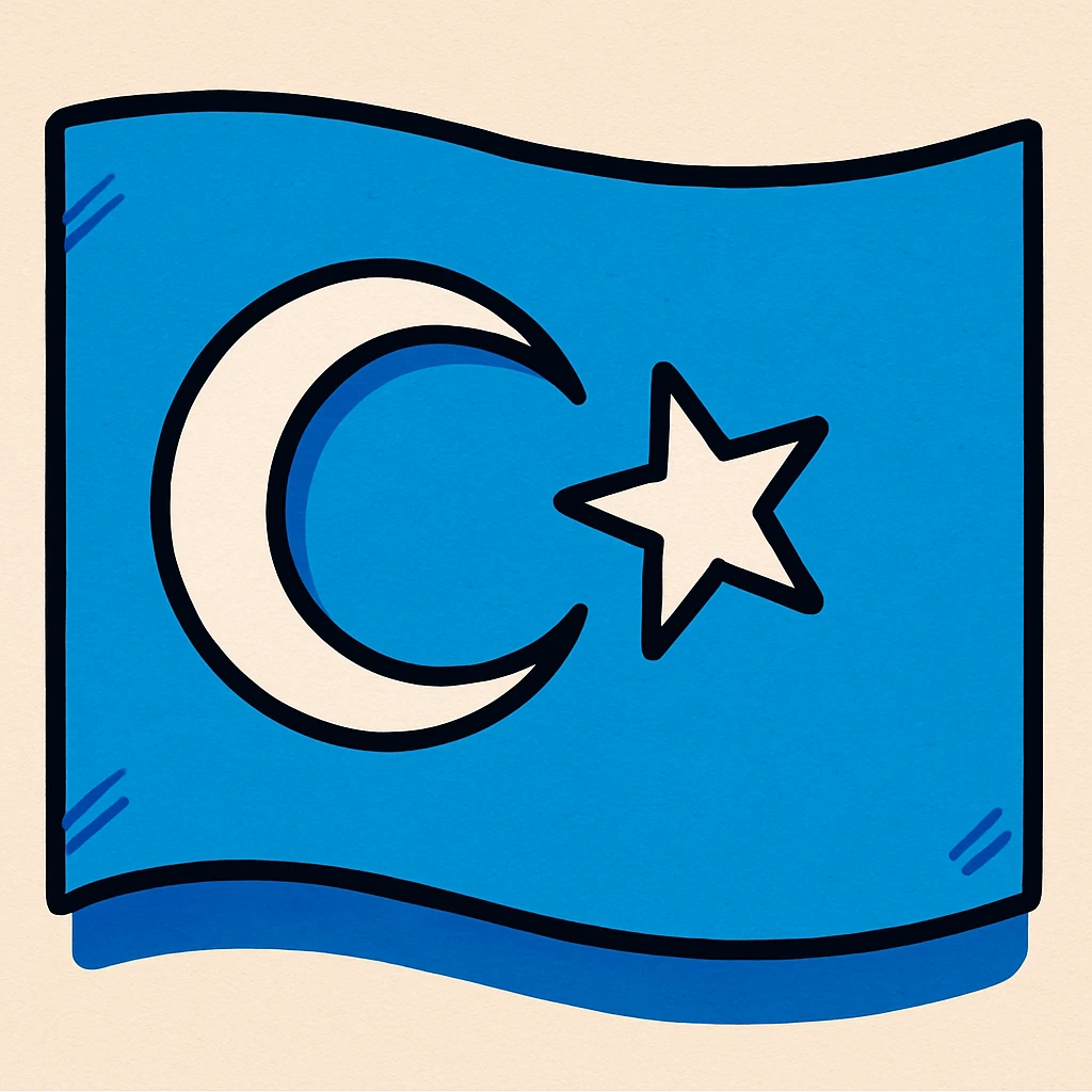 flag of East Turkistan, blue background, white crescent moon and star, vibrant toon style emoji