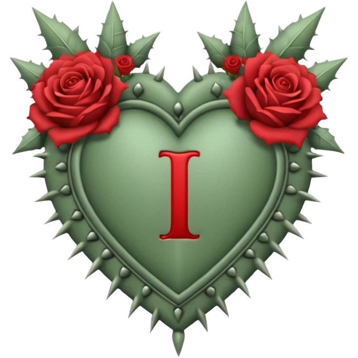 Can you make a sage green heart with a gothic design, I want roses and spikes around the heart. In the middle of the heart the letter I emoji