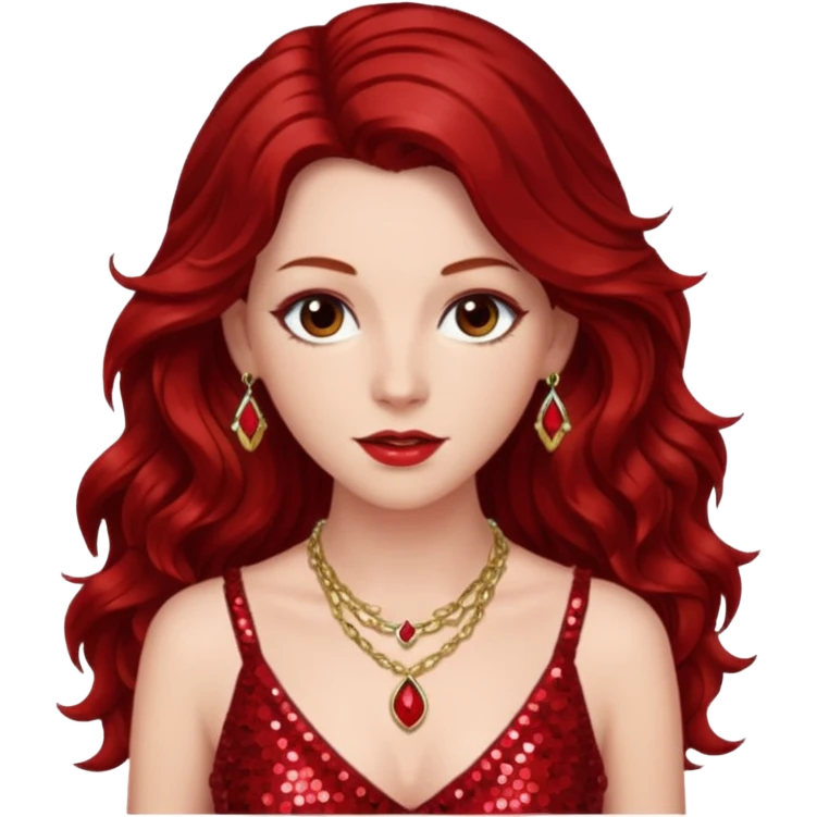 Chappell Roan, Pop Singer (b.1998) with long dark red wavy hair, red sequin dress and necklace emoji